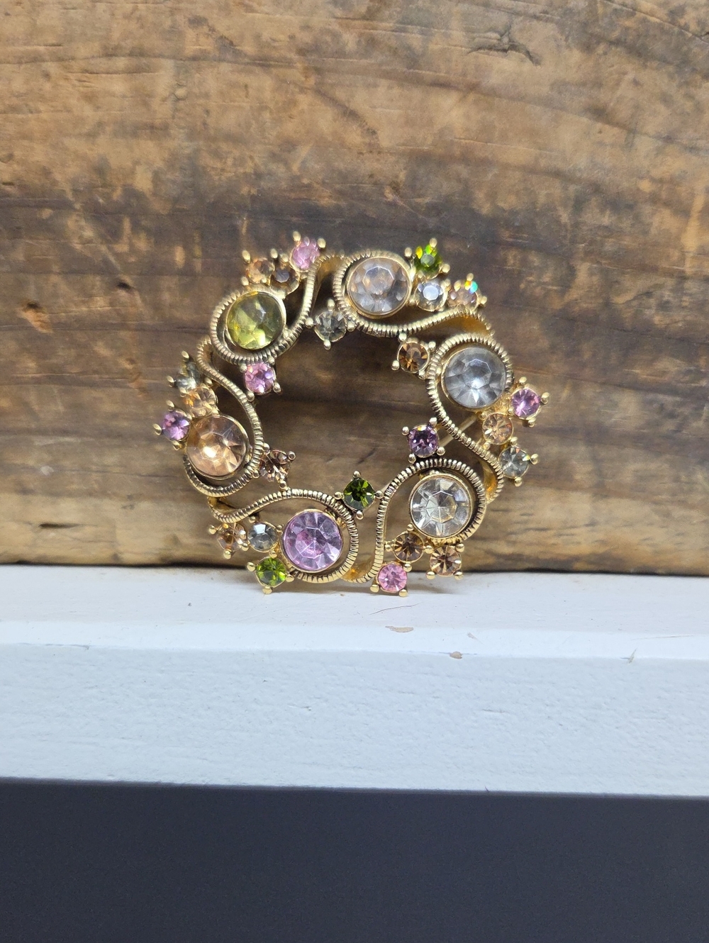 Vintage Monet Signed Multicolor Rhinestone Wreath Brooch Gold Tone